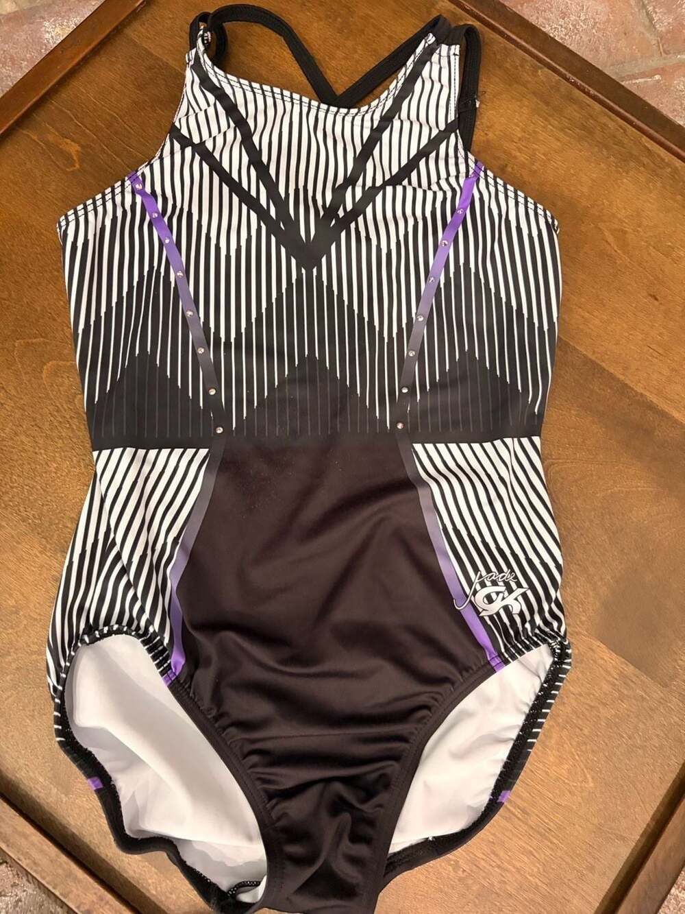 GK Sport Leotard Size AM Black White Striped Purple